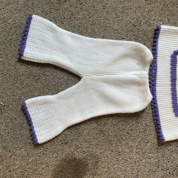 Vintage Acrylic Knit Baby 3-12M Outfit 2 Piece Set White Purple Pants Sweater - Picture 4 of 6